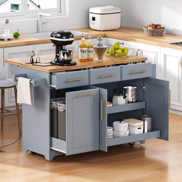 English Elm K&K Vintage Kitchen Island with Rubberwood Top, Hidden Wheels, Pull-Out Trash & Charging Station Grey+Blue N707P299014G