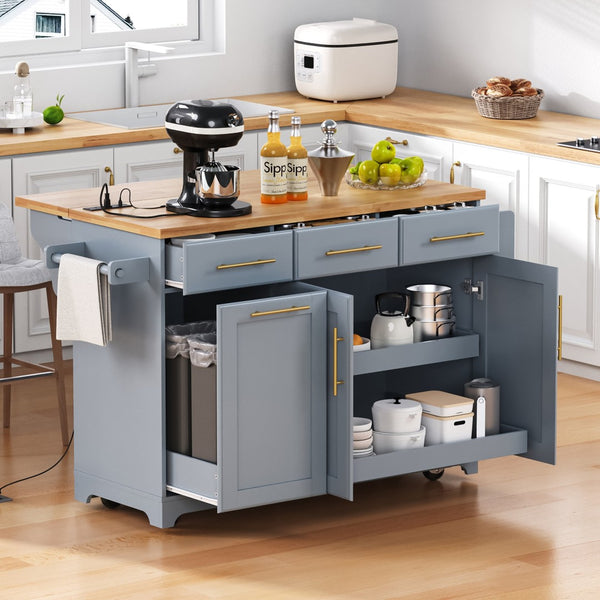 English Elm K&k Rolling Kitchen Island Rubber Wood Top Brass Hardware Built-in Outlets Storage Grey+Blue N707S299014G