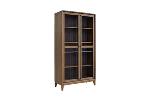 English Elm Latte Solid Wood Display Cabinet with 4 Shelves, Elm Veneer Channel Back, 2 Glass Doors, Light Brown Finish B2699P237503