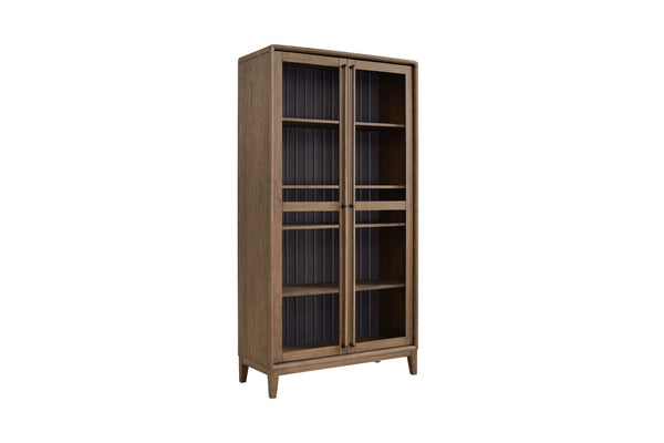 English Elm Latte Solid Wood Display Cabinet with 4 Shelves, Elm Veneer Channel Back, 2 Glass Doors, Light Brown Finish B2699P237503