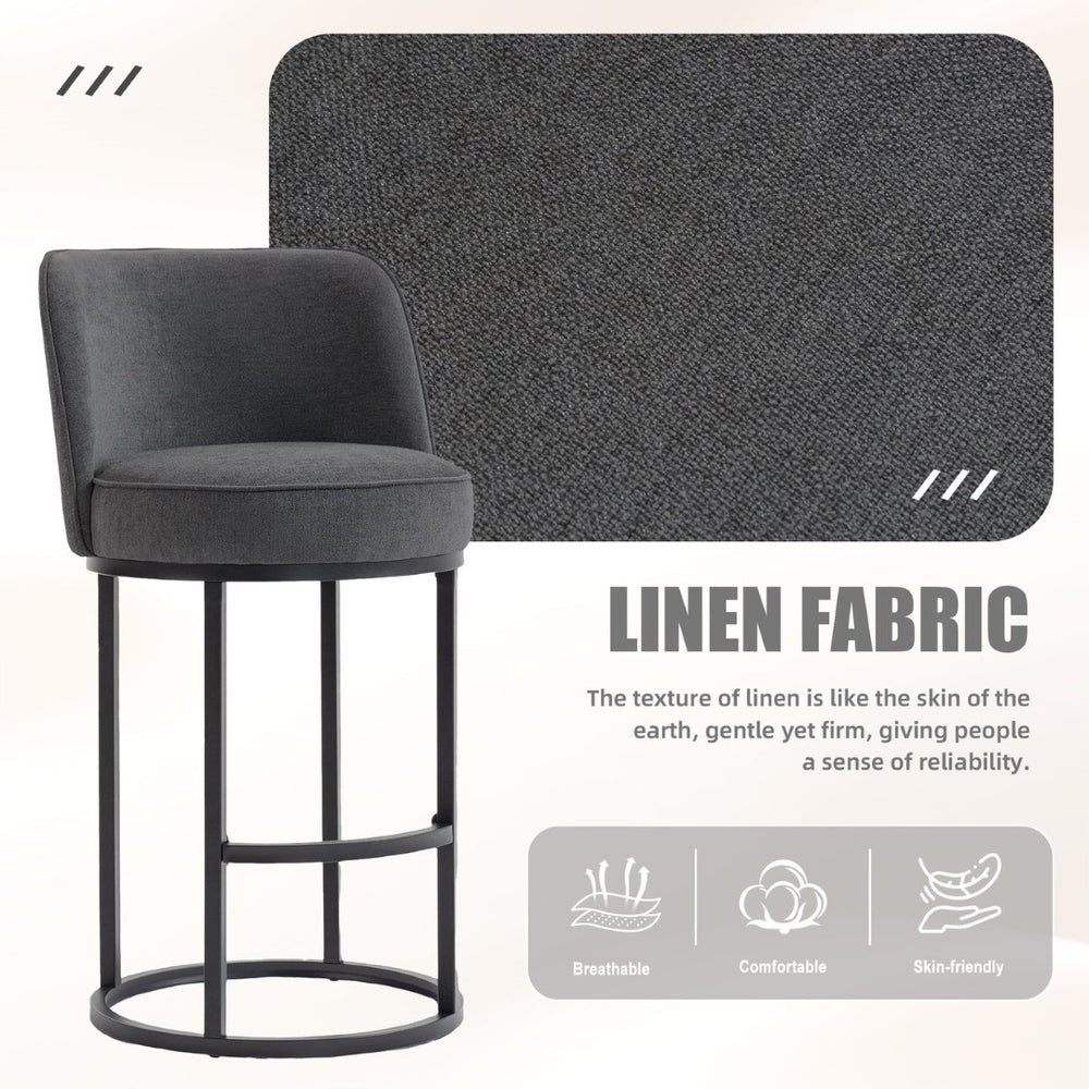 English Elm Counter Height Barstools Set of 2 Linen Upholstered Barrel Seat with Iron Legs Gray W395P410436