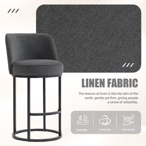English Elm Counter Height Barstools Set of 2 Linen Upholstered Barrel Seat with Iron Legs Gray W395P410436