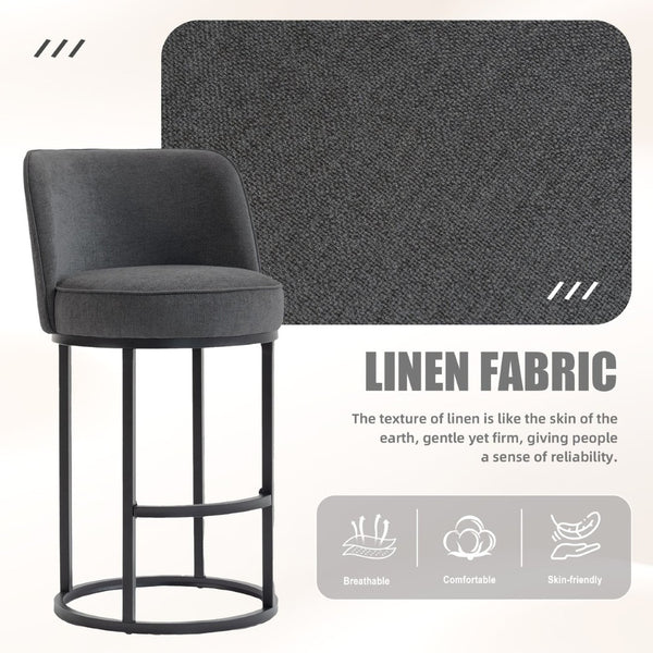 English Elm Counter Height Barstools Set of 2 Linen Upholstered Barrel Seat with Iron Legs Gray W395P410436