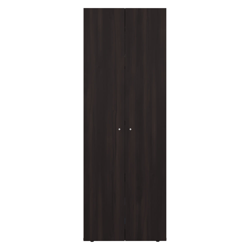 English Elm Home 2 Door Closet System Stained Walnut – Compact 66.9" H Freestanding Wardrobe with 4 Shelves, Durable Engineered Wood Storage B200P350347