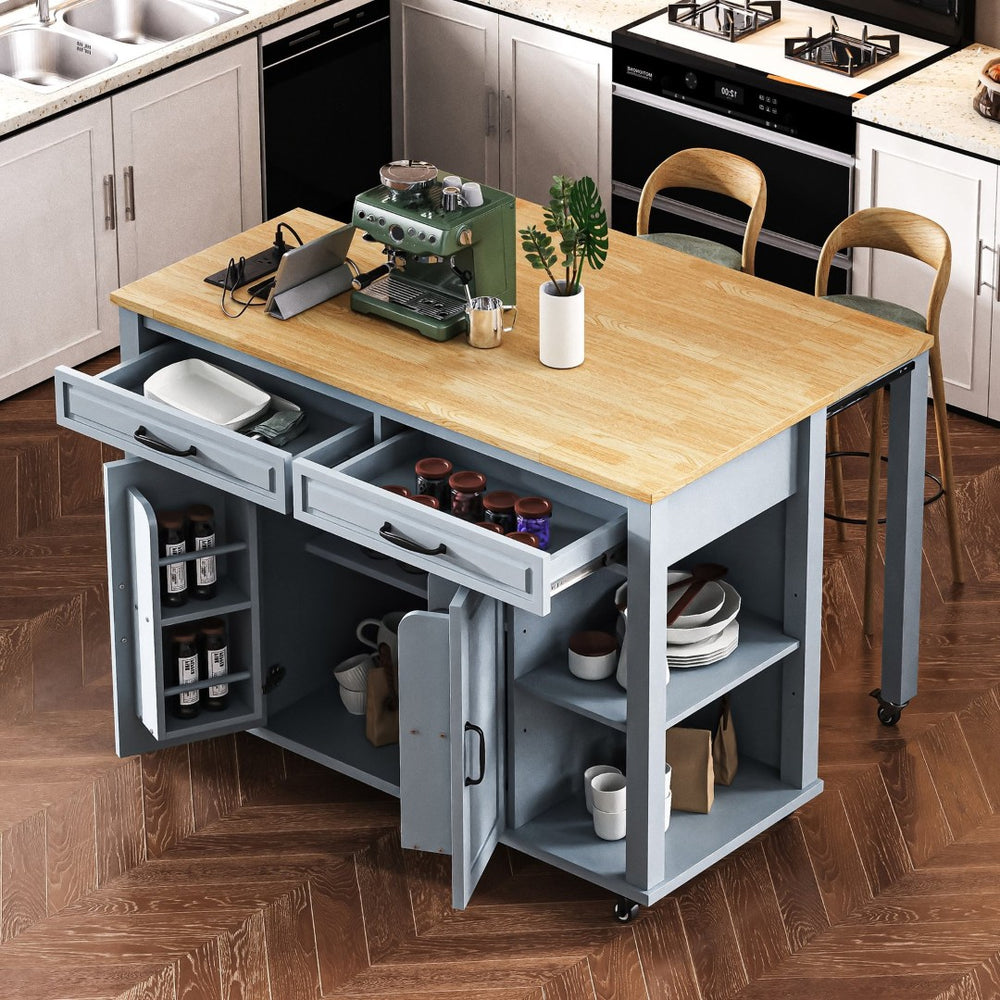 English Elm K&k Farmhouse Kitchen Island Extendable Table Rubber Wood Veneer Built-in Charging Storage Grey+Blue N707S215327G