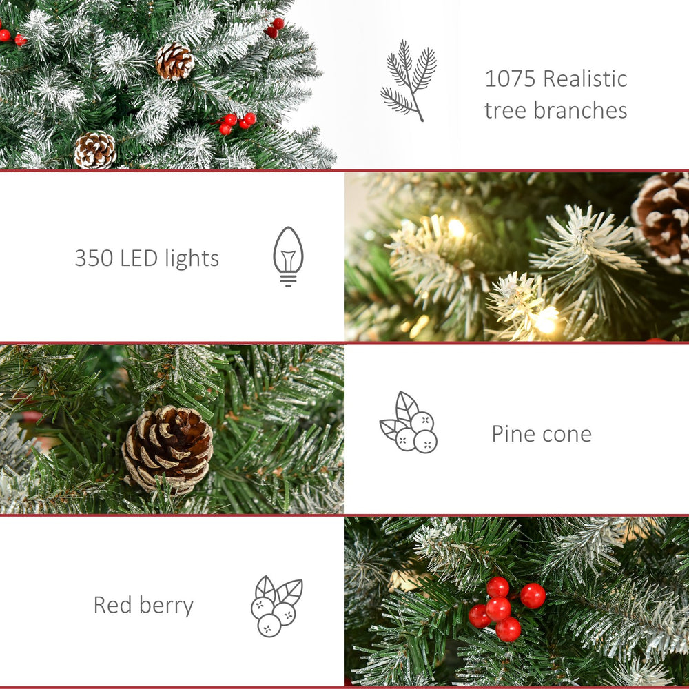 English Elm Homcom 7.5Ft Pre-Lit Snow-Dipped Christmas Tree With 350 Led Lights, Pine Cones & Red Berries Decor W2225P229435