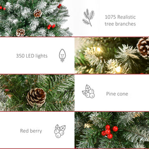English Elm Homcom 7.5Ft Pre-Lit Snow-Dipped Christmas Tree With 350 Led Lights, Pine Cones & Red Berries Decor W2225P229435