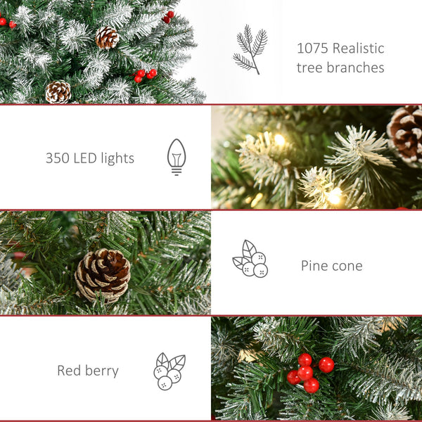 English Elm Homcom 7.5Ft Pre-Lit Snow-Dipped Christmas Tree With 350 Led Lights, Pine Cones & Red Berries Decor W2225P229435