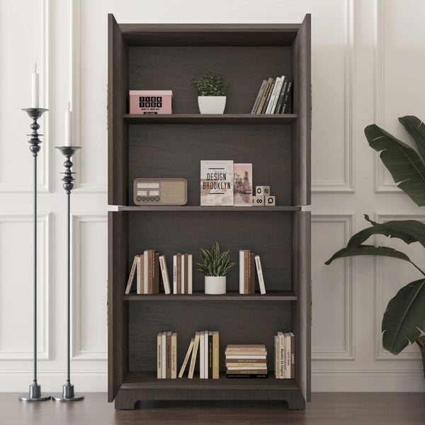 English Elm 67.4"h Mirrored Corner Cabinet Carved Butterfly Doors Adjustable Shelves Entryway Storage Dark Brown W2899P374347