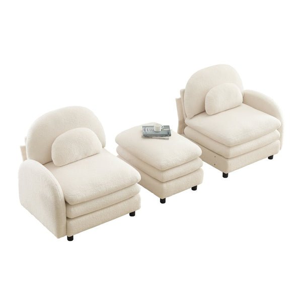 English Elm Teddy Fleece Modular Loveseat with Ottoman Curved Sculptural Sofa for Living Room Beige White W5656S00075
