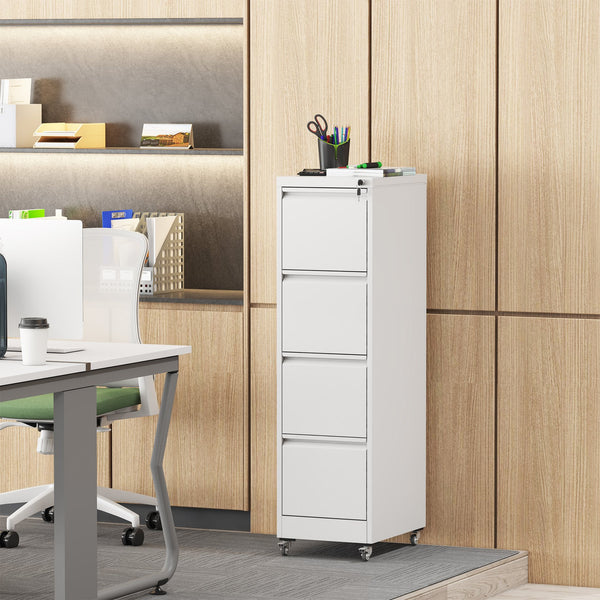 English Elm 4 Drawer Locking File Cabinet on Wheels with Anti-Tilt System, Corrosion-Resistant Metal, Secure Mobile Storage White T2398P310005