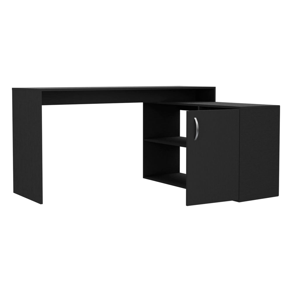 English Elm Dallas L-Shaped Home Office Desk with Cabinet, Two Shelves, Thick Top, Heavy Load Capacity, Black B128S00028