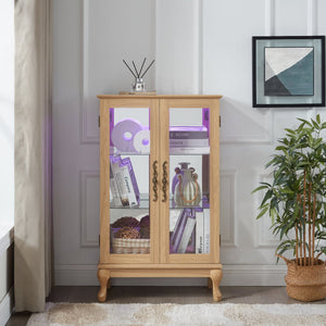 English Elm Elegant Curio Cabinet with Tempered Glass Doors, LED Lighting, Mirrored Back, Adjustable Shelves, Anti-Tip Safety Light Oak W1758P290028