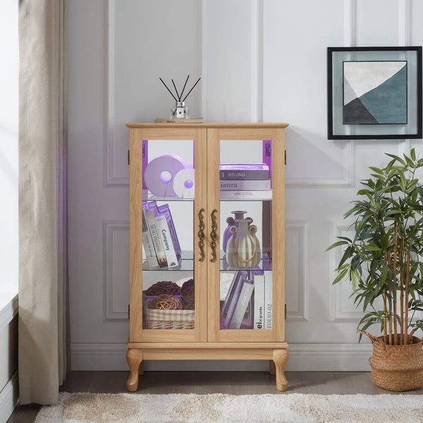 English Elm Elegant Curio Cabinet with Tempered Glass Doors, LED Lighting, Mirrored Back, Adjustable Shelves, Anti-Tip Safety Light Oak W1758P290028