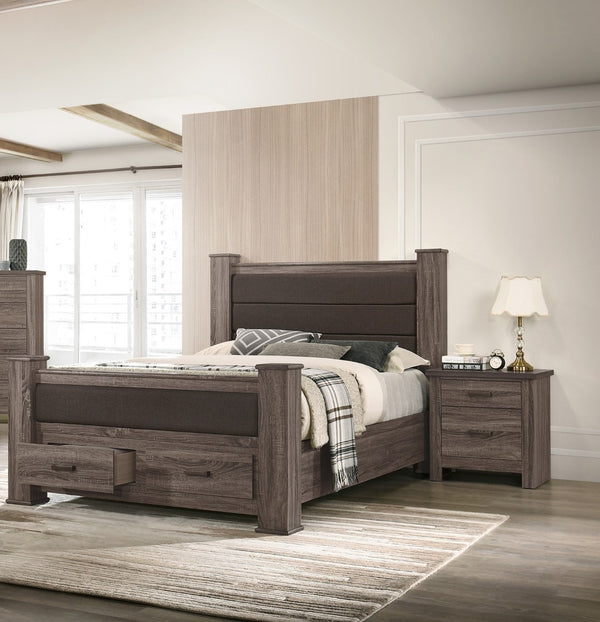 English Elm Modern Eastern King Storage Bed Linen Upholstered Headboard Warm Brown Finish B011S02117