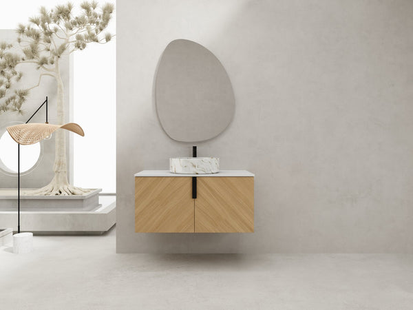 English Elm 36" Modern Bathroom Vanity With Ceramic Sink & Stone Slab, Wall-Mounted, Soft-Close Doors, Oak Finish W999S00450