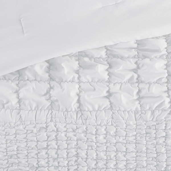 JLA Home Madison Park - 3 Piece Ruched Comforter Set — Puffy Square-Texture Microfiber for Cottage, Farmhouse, Hypoallergenic Sleep White MP10-8395