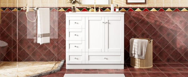 English Elm 36 Inch Shaker Bathroom Vanity with Ceramic Sink Four Soft Close Drawers White Mdf N729P414619K