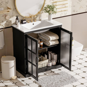 English Elm Christopher Knight Home® - 30" Modern Bathroom Vanity with Ceramic Sink, Tempered Blurred Glass Doors, Rubber Wood Frame Storage Matte Black N817P279904B