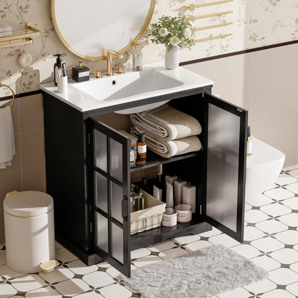 English Elm Christopher Knight Home® - 30" Modern Bathroom Vanity with Ceramic Sink, Tempered Blurred Glass Doors, Rubber Wood Frame Storage Matte Black N817P279904B