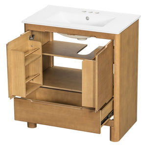 English Elm [video] 30 Inch Freestanding Bathroom Vanity Pine Legs Ceramic Sink Soft Close Storage Natural N759P412928N