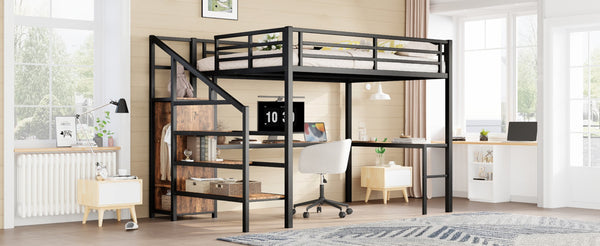 English Elm Queen Size Loft Bed With L-Shaped Desk, Usb Ports & Led Light - Modern Metal Frame For Stylish Spaces W1580S00180-GIGA