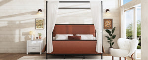 English Elm King Canopy Bed Iron Four Post Frame with Pu Leather Upholstered Headboard Footboard N757K343427O