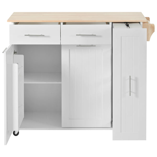 English Elm K&K Kitchen Island with Drop Leaf, Rolling Storage Cart with 3-Tier Pull-Out Organizer, Durable Wood Countertop White WF531421AAW