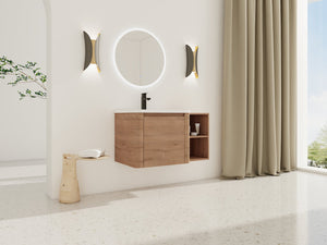 English Elm 36'' 36" Wall-Mounted Vanity with White Ceramic Sink, Plywood Shelves, Soft-Close Door & Rounded Edges W999S00379
