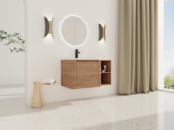 English Elm 36'' 36" Wall-Mounted Vanity with White Ceramic Sink, Plywood Shelves, Soft-Close Door & Rounded Edges W999S00379