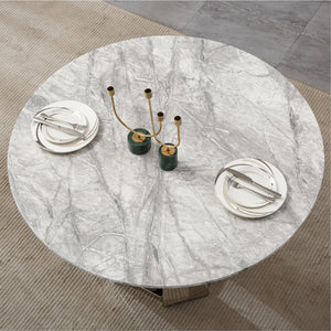English Elm 47" Round Marble Dining Table - Modern Kitchen Centerpiece With Stylish Faux Marble & Steel Base W3456S00035