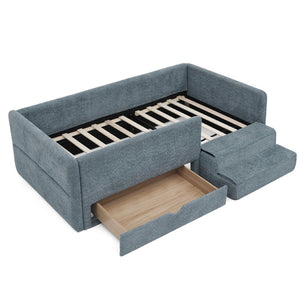 English Elm Twin Boucle Upholstered Kids Bed with Guardrails Built in Storage and Cushioned Step Stool Navy W1413P433366