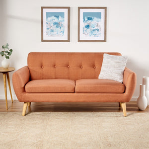 English Elm 67.25" Button Tufted Mid-century Loveseat with Rubberwood Legs for Compact Living Spaces Burnt Orange N771P371392D