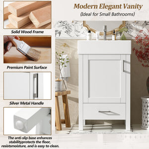 English Elm 20.28'' 20.28" Modern Bathroom Vanity with Ceramic Sink, Solid Wood Frame, Soft-Close Drawer & Cabinet - Space-Saving Design White N729P277755K
