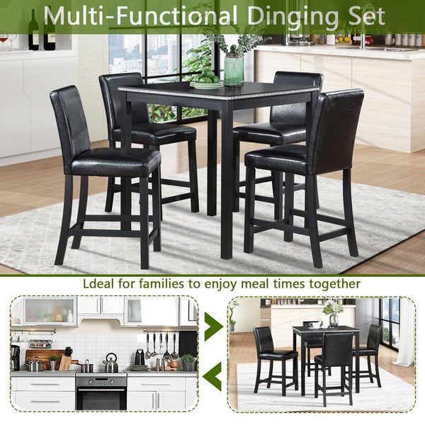 English Elm 5 Piece Counter Height Table Set - Modern Wooden Dining Set With Crystal Accents & Upholstered Chairs W1998S00038