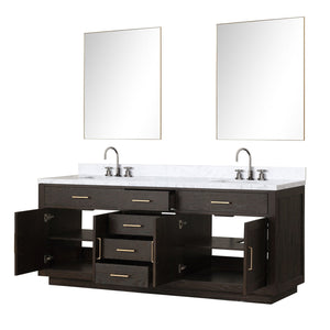 English Elm Brown Oak Double Bath Vanity With Carrara Marble Top, Mirrors & Faucet Set For Elegant Upgrades B2731S01814