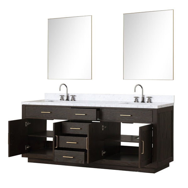 English Elm Brown Oak Double Bath Vanity With Carrara Marble Top, Mirrors & Faucet Set For Elegant Upgrades B2731S01814