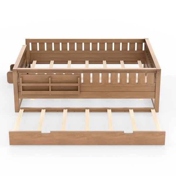 English Elm Queen Bunk Bed with Trundle Solid Pine Kids Car Themed Frame Built-in Bookshelf Natural W1580S00564