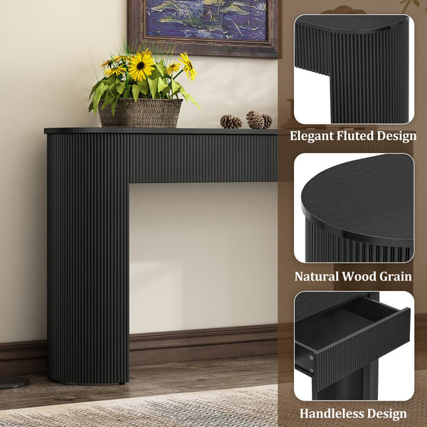 English Elm TREXM Modern Fluted Entryway Table with Oval Top, Two Handleless Drawers and Sleek Minimalist Design Black N715P233435B