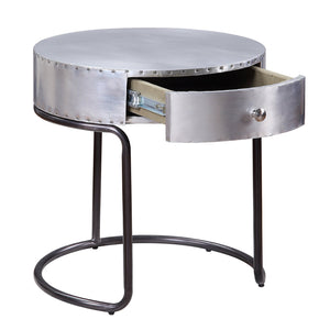 English Elm Aluminum Drum End Table with Patchwork Top and Drawer, Black Iron Frame, Modern Industrial Charm B062P189153
