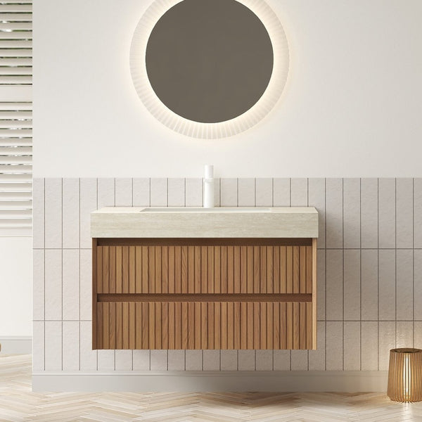 English Elm Tilley 36" Floating Bathroom Vanity With Travertine Top, Ceramic Basin & Soft-Close Drawers, Brown Oak W2615S00231-GIGA