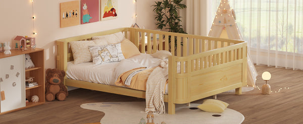 English Elm Queen Low Profile Pine Wood Kids Platform Bed with Guardrails and Rounded Safety Posts Natural W2593P409123