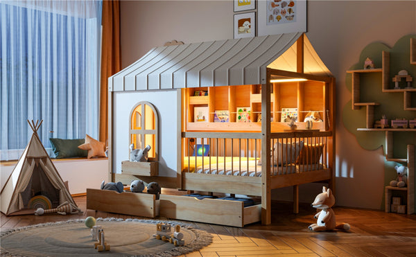 English Elm Full Size Kids House Bed with Led Bookshelf Storage Drawers and Charging Station Natural LP000378AAN