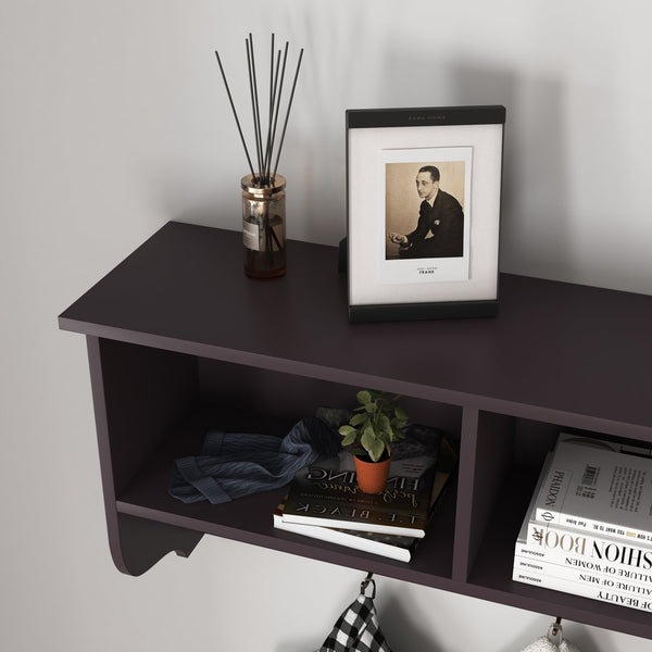 English Elm Espresso Wall-Mounted Entryway Coat Rack with 4 Dual Hooks and Floating Shelf, 55lb Capacity, Durable Wood Finish W40939294