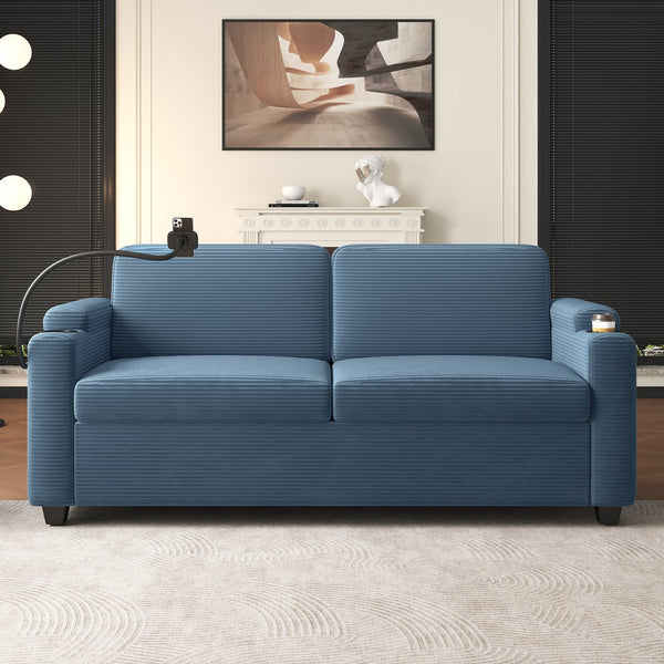 English Elm 72.8" Corduroy Sleeper Sofa Loveseat with Full Mattress, USB Charging, Cup Holders, Storage Pockets Navy Blue N719P208880C