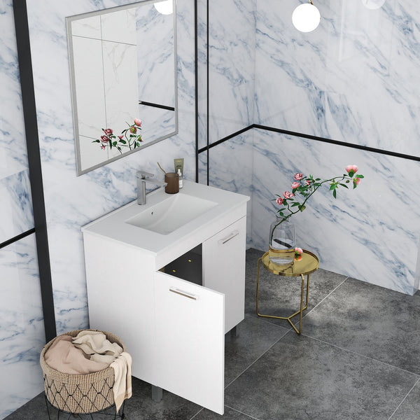 English Elm 32-Inch Elegant Floor-Mounted Bathroom Vanity Set With Ceramic Sink, Mirror, Soft-Close Doors & More W3151S00030