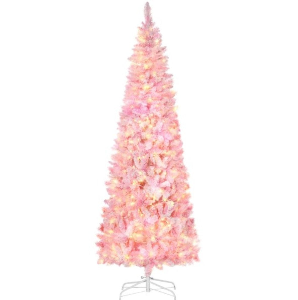 English Elm Pencil Slim Snow Flocked Pre Lit Tree with Warm Led Glow for Entryways T3971P419824