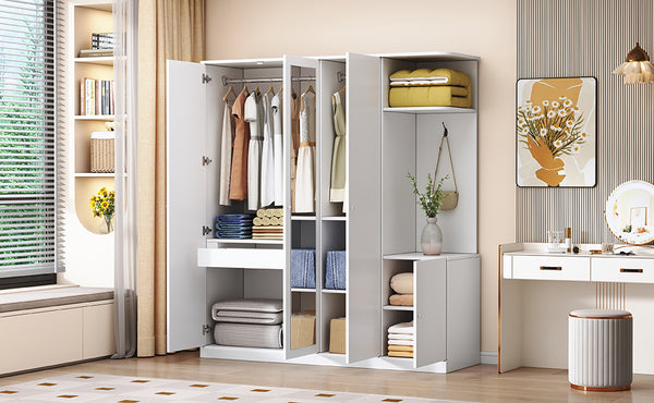 English Elm 4-Door Wardrobe with Full-Length Mirror, Dust-Proof Compartments, Shoe Door & Anti-Tip Safety Features White N820S00056K