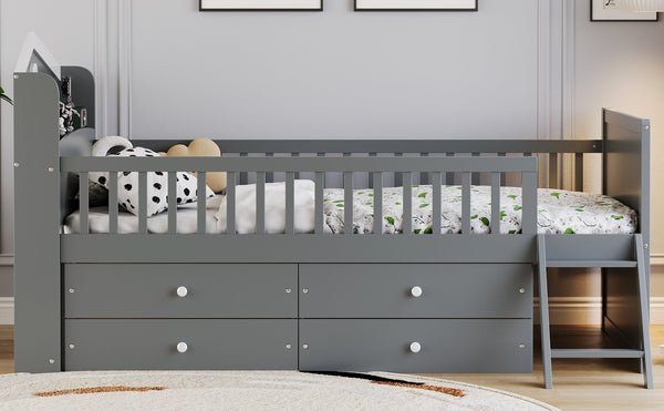 English Elm Twin Bed Frame with Storage Drawers and House Headboard, Kids Platform Bed with Guardrail Ladder and Shelf Gray 49.3 L x 16.25 W x 7.75 H N733S278032E