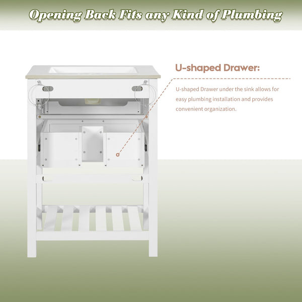 English Elm 24" Rattan Front Bathroom Vanity with Ceramic Sink Deep Drawer Storage Mdf Cabinet White N710P293990K